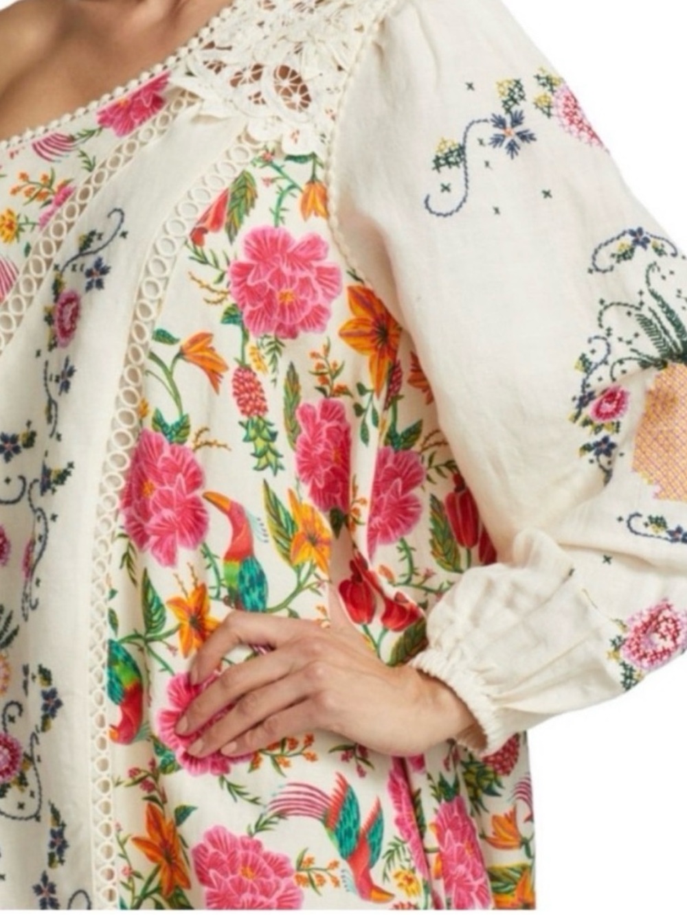FARM Rio One-Shoulder Cream Floral Mini Dress with Pink & Green Accents - Picture 3 of 15